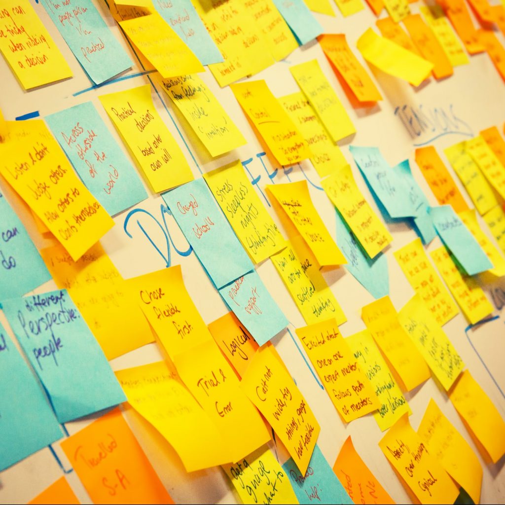 Sticky notes on board during brainstorming session.